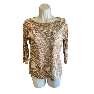 Lauren Ralph Lauren Top Women's S‎ Brown Feather Print 3/4 Sleeve Boat Neck